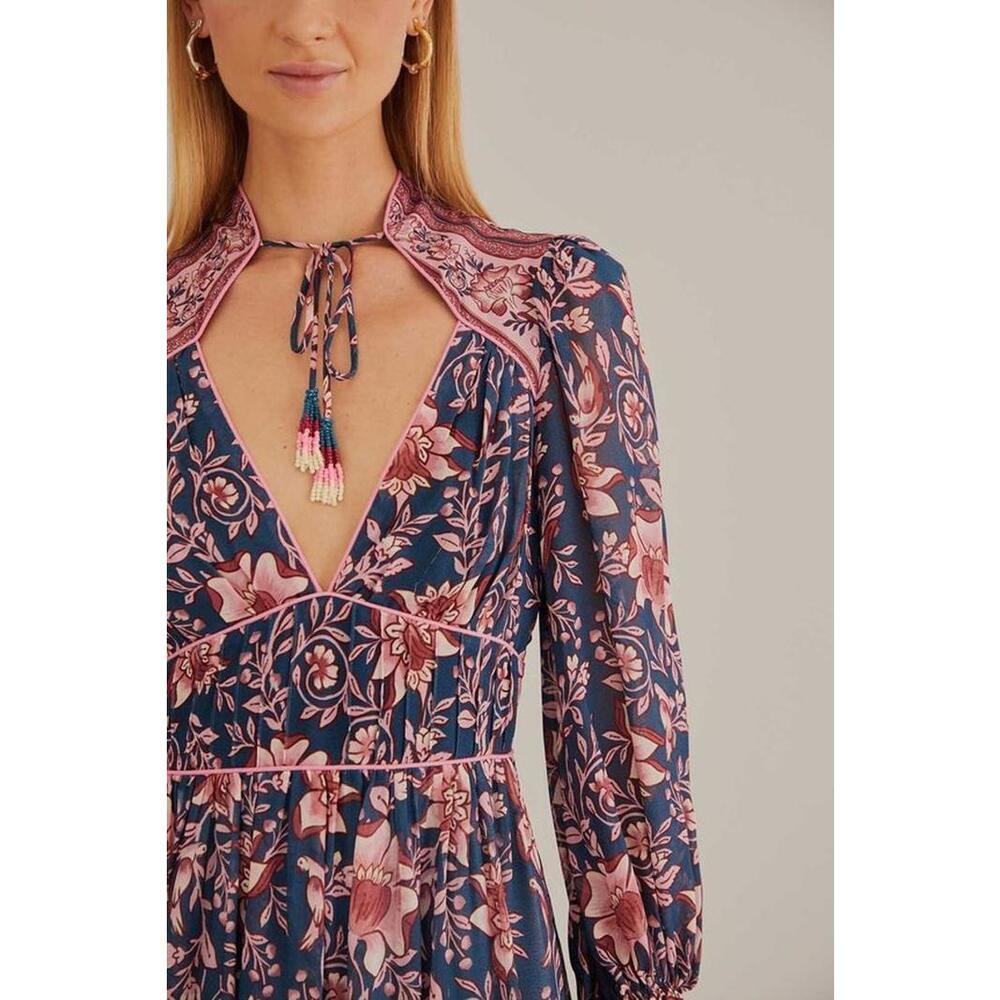 Farm Rio Teal Ainika Charm Long Sleeve Beaded Tassels Mini Dress Size M - Picture 4 of 5